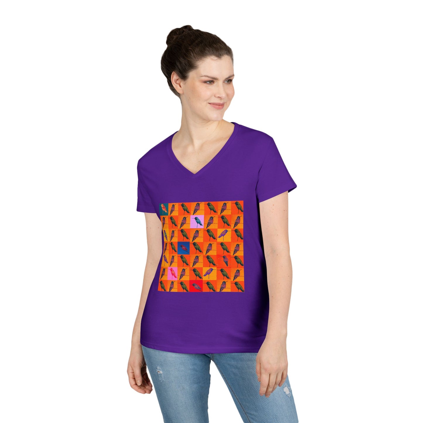 Ladies' V-Neck T-Shirt - Hummingbird Collage