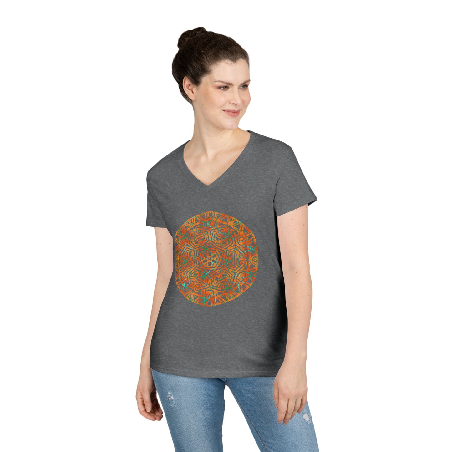 Ladies' V-Neck T-Shirt _ Cracked Batik Mandala