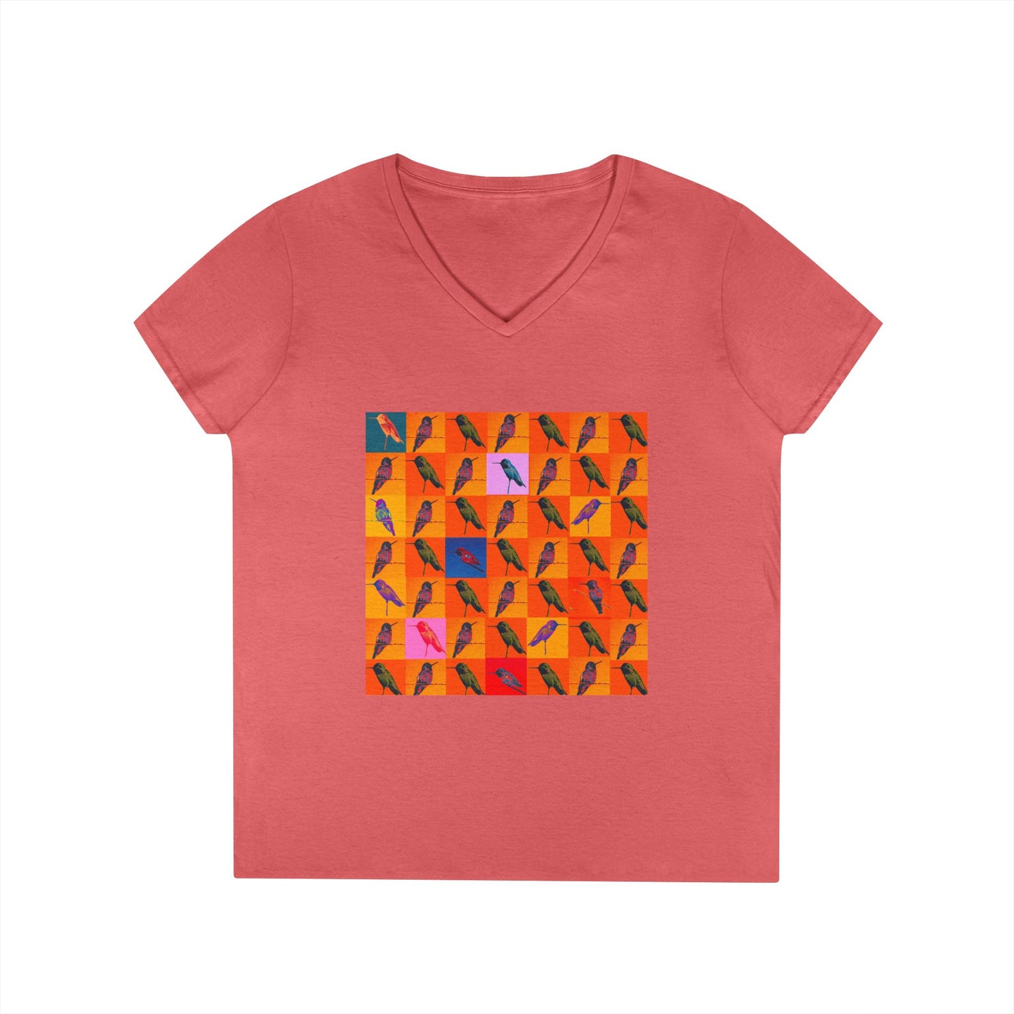 Ladies' V-Neck T-Shirt - Hummingbird Collage