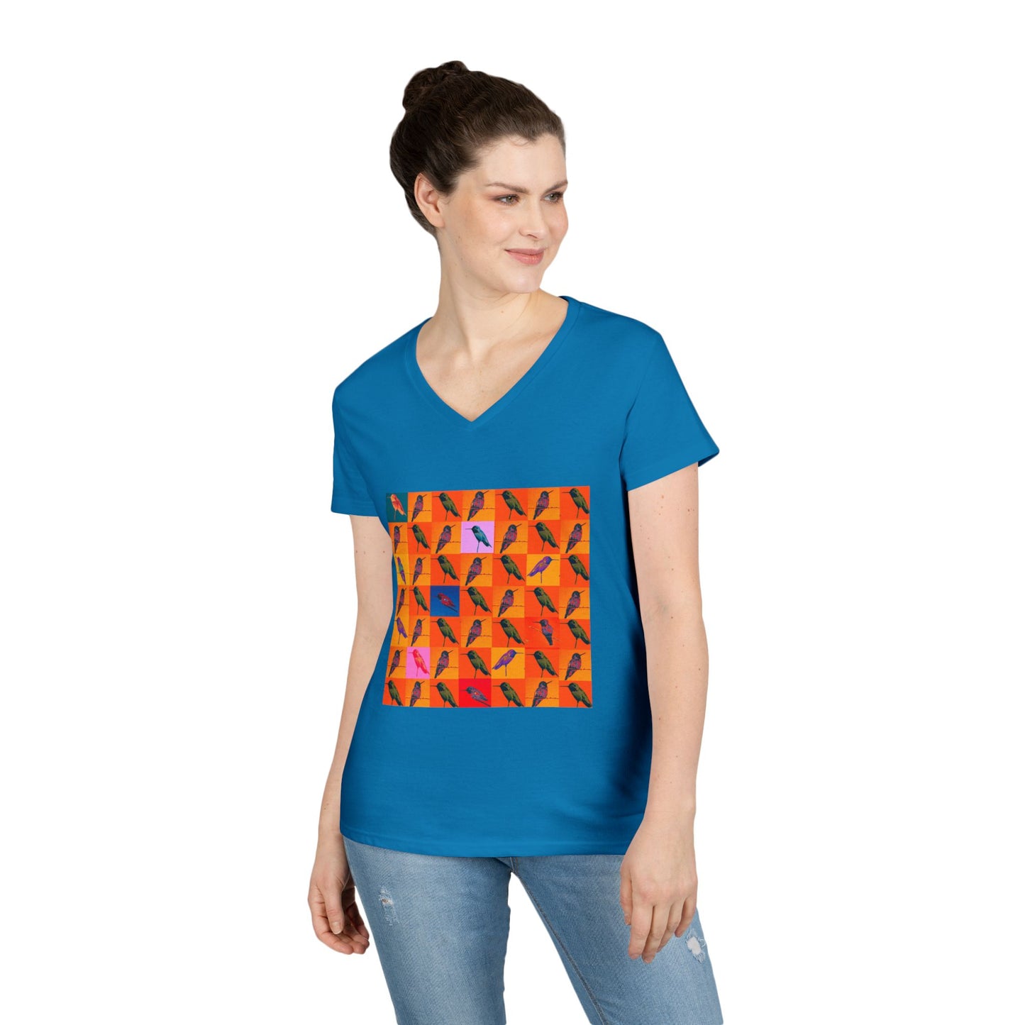 Ladies' V-Neck T-Shirt - Hummingbird Collage