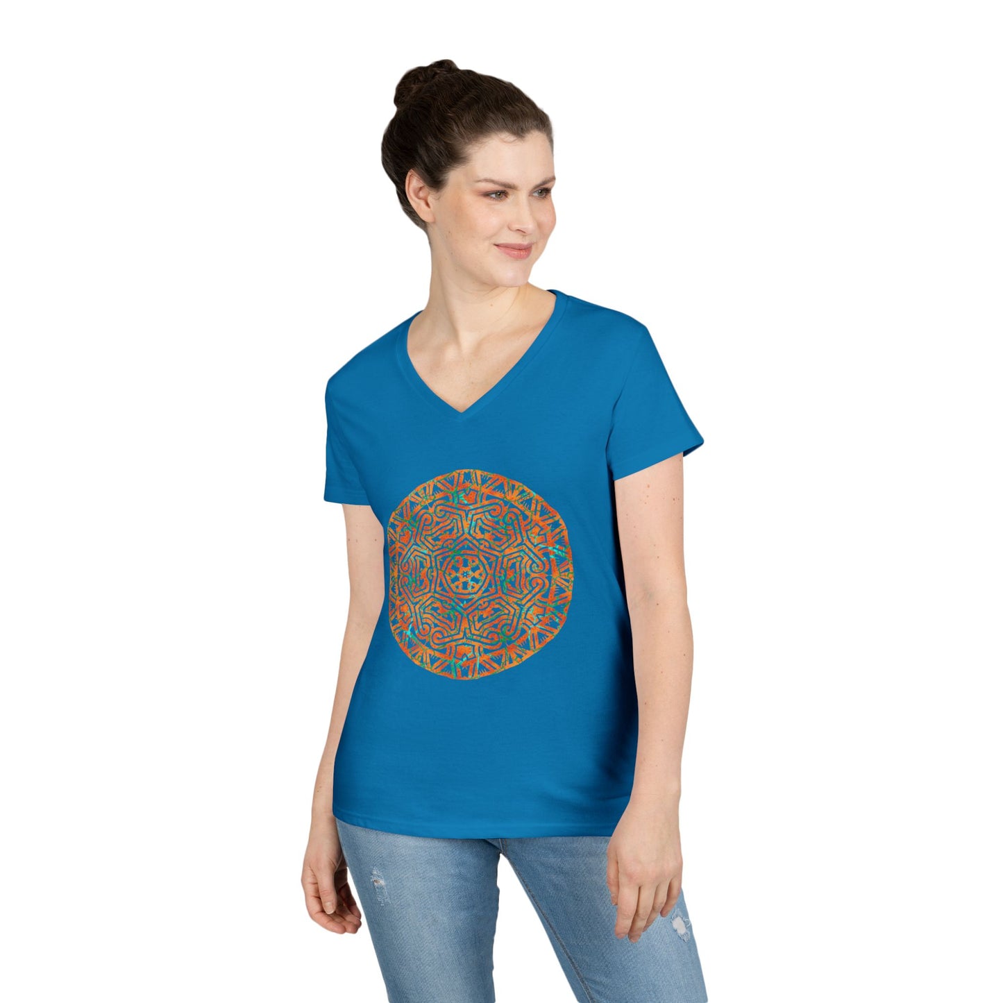 Ladies' V-Neck T-Shirt _ Cracked Batik Mandala