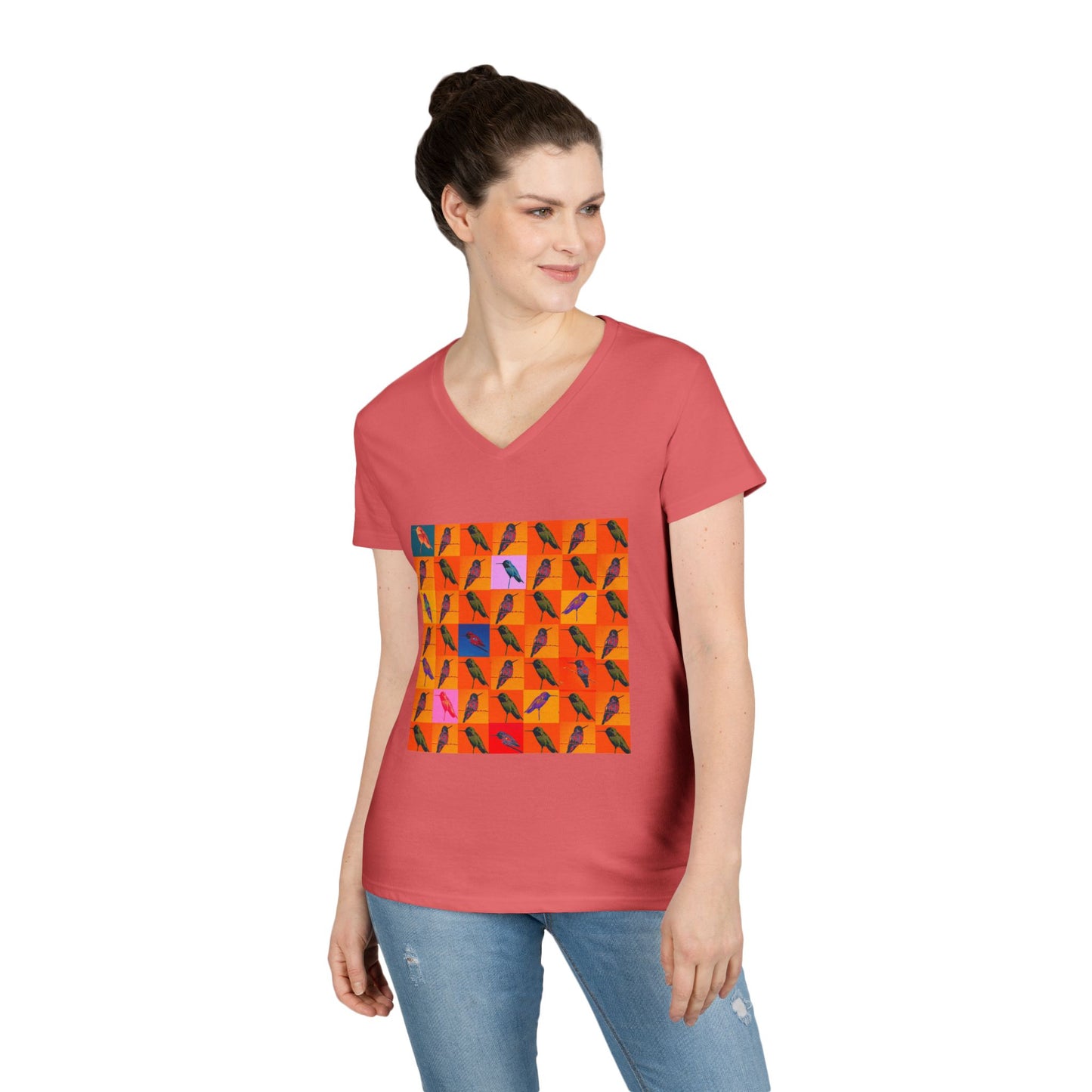 Ladies' V-Neck T-Shirt - Hummingbird Collage