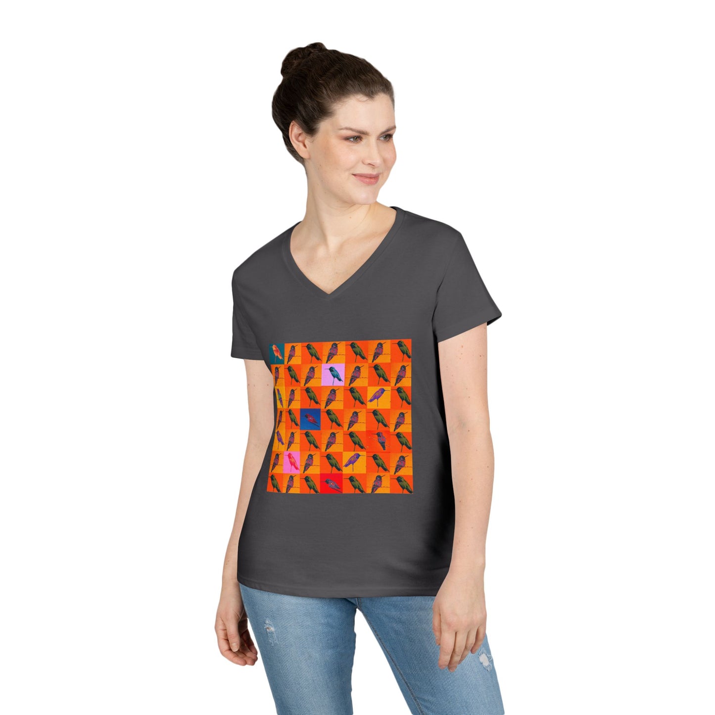 Ladies' V-Neck T-Shirt - Hummingbird Collage