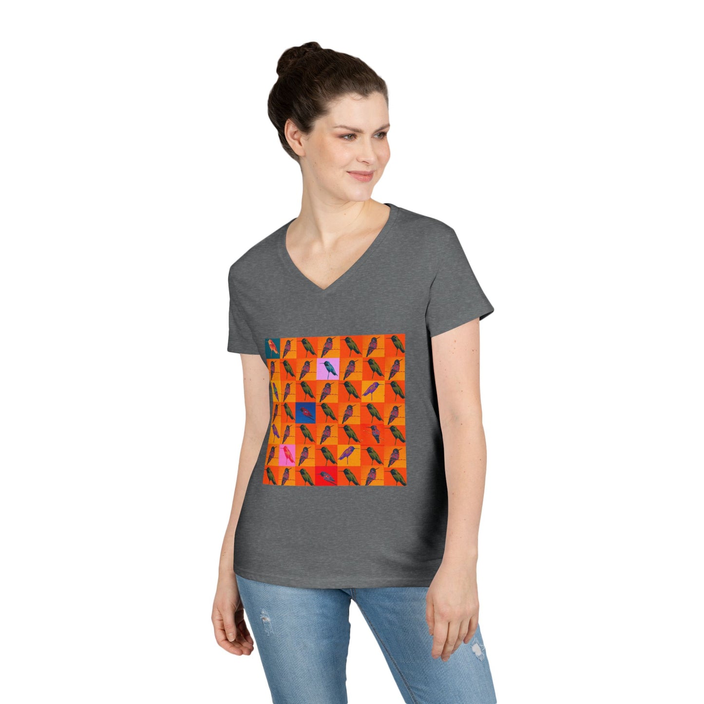 Ladies' V-Neck T-Shirt - Hummingbird Collage