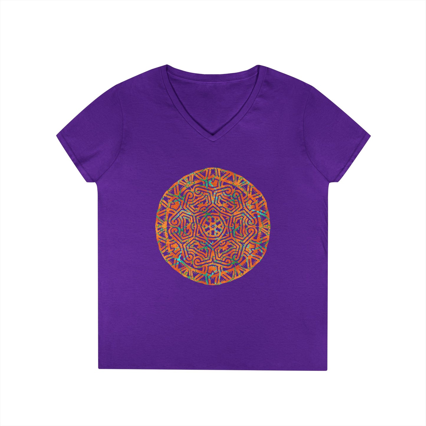 Ladies' V-Neck T-Shirt _ Cracked Batik Mandala