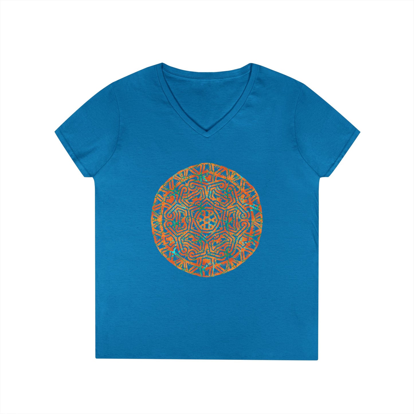 Ladies' V-Neck T-Shirt _ Cracked Batik Mandala