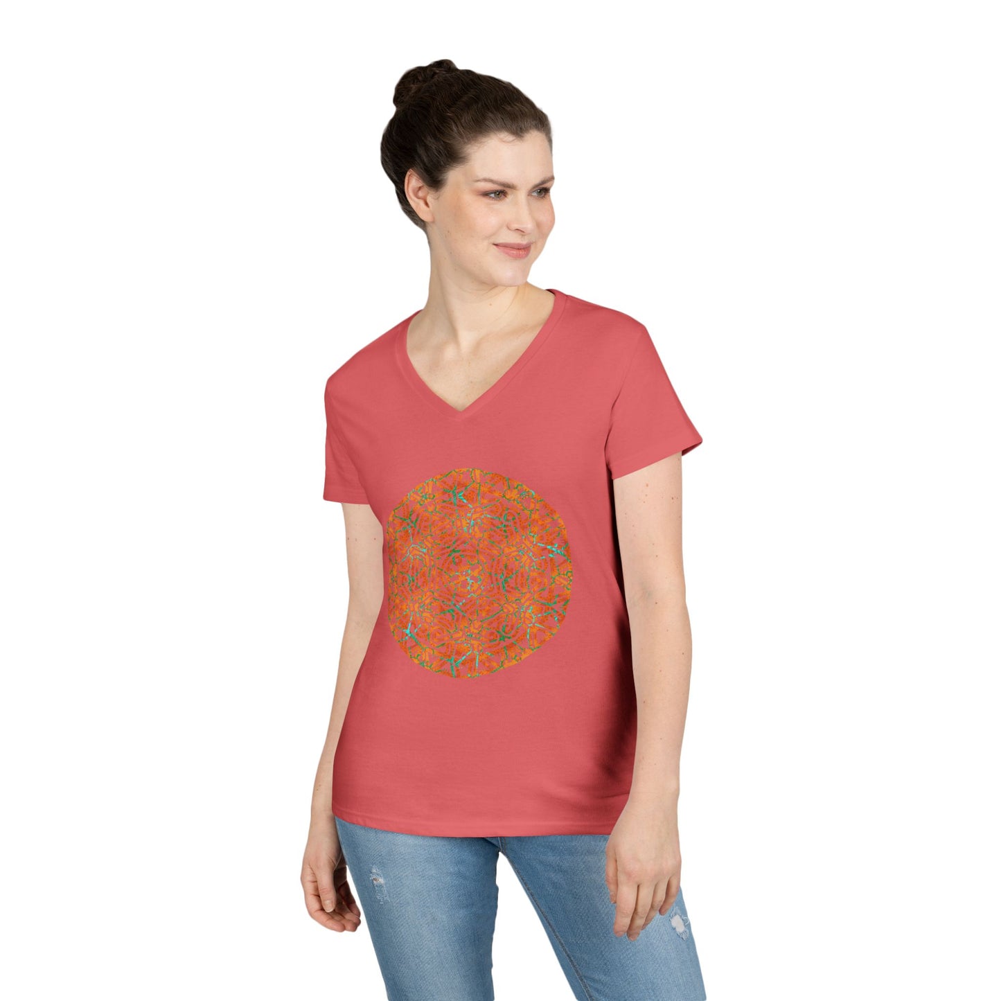 Ladies' V-Neck T-Shirt _ Cracked Batik Mandala