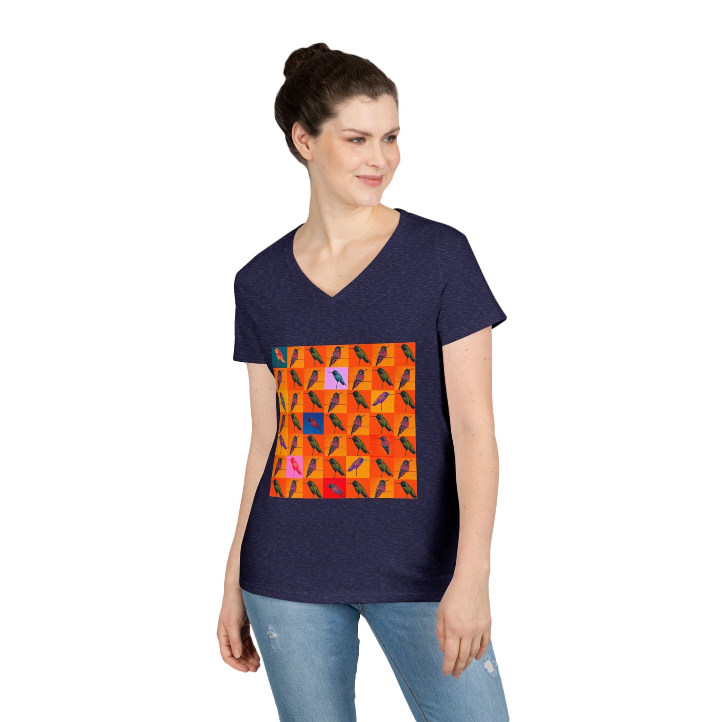 Ladies' V-Neck T-Shirt - Hummingbird Collage