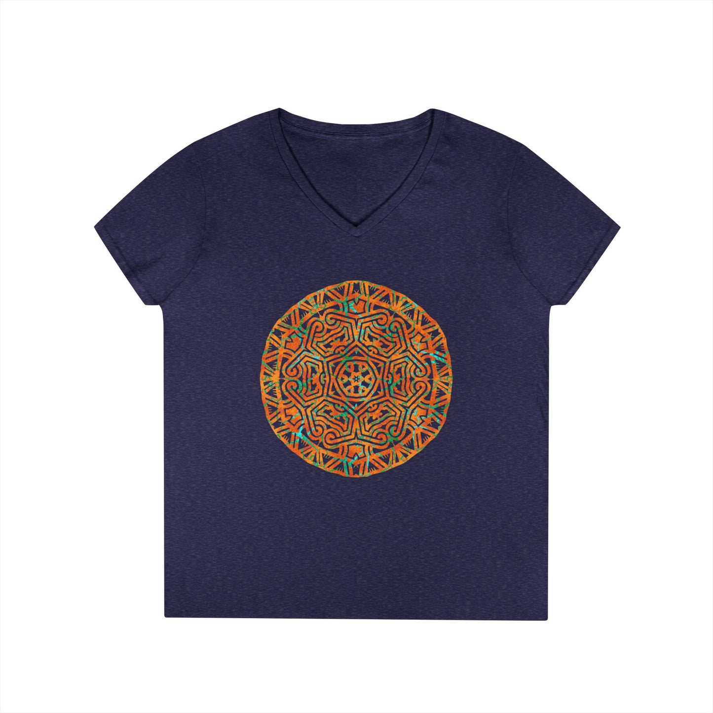 Ladies' V-Neck T-Shirt _ Cracked Batik Mandala