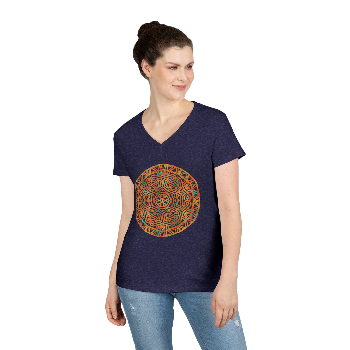 Ladies' V-Neck T-Shirt _ Cracked Batik Mandala
