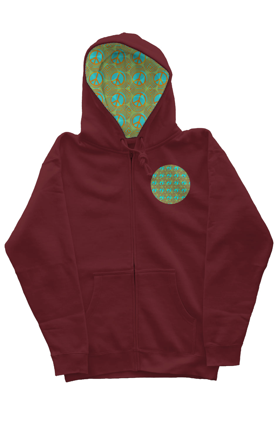 Zip Hoody with Hood Liner - Peace Circles - Maroon