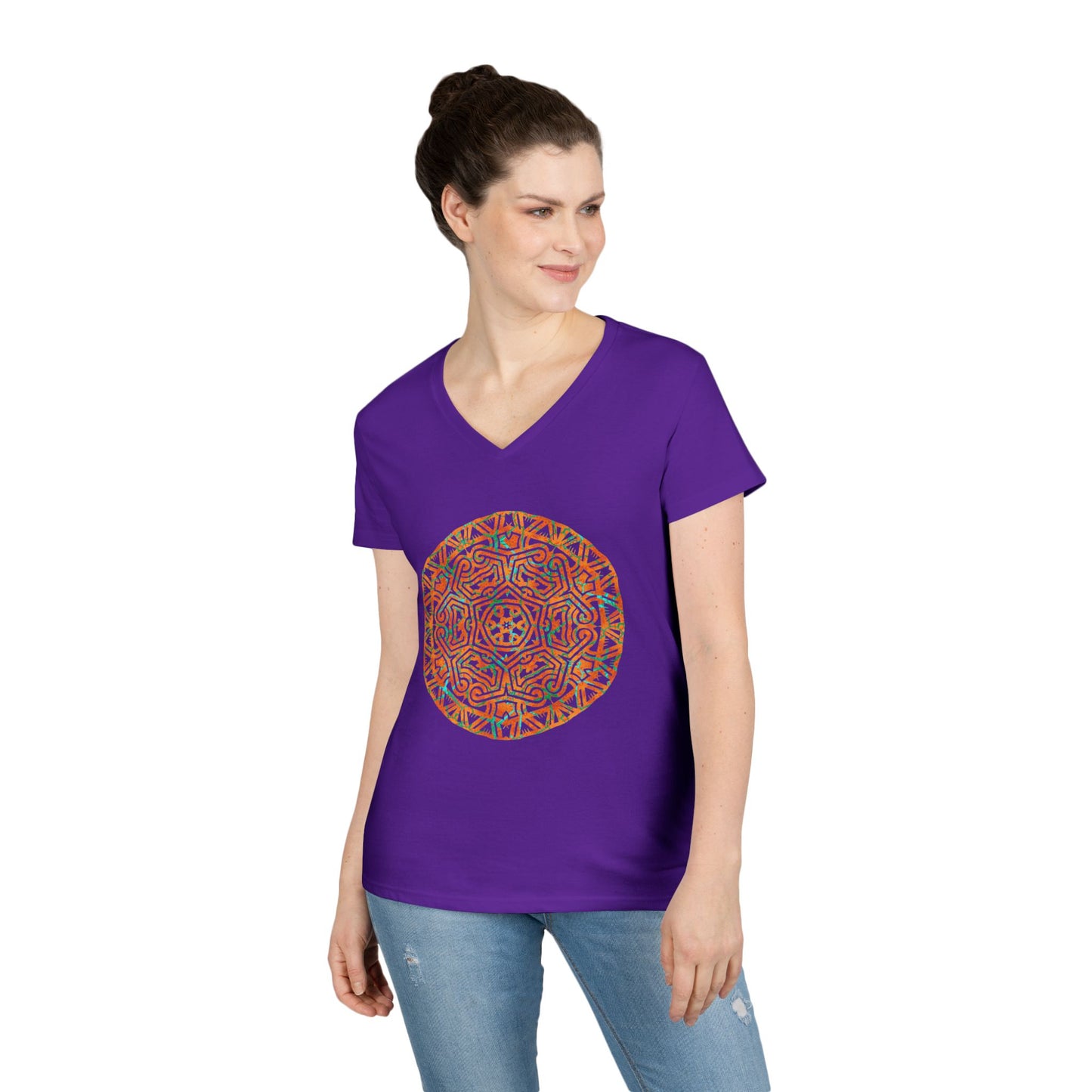 Ladies' V-Neck T-Shirt _ Cracked Batik Mandala