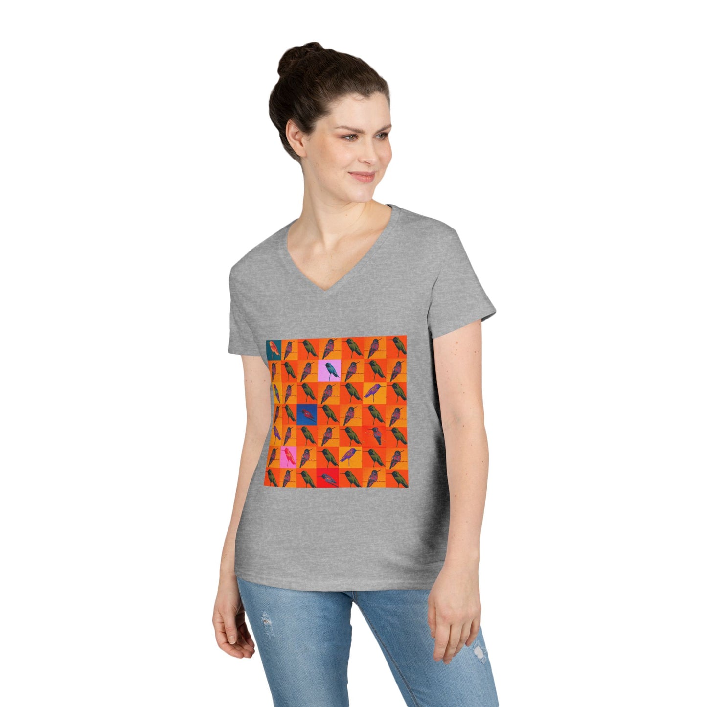 Ladies' V-Neck T-Shirt - Hummingbird Collage