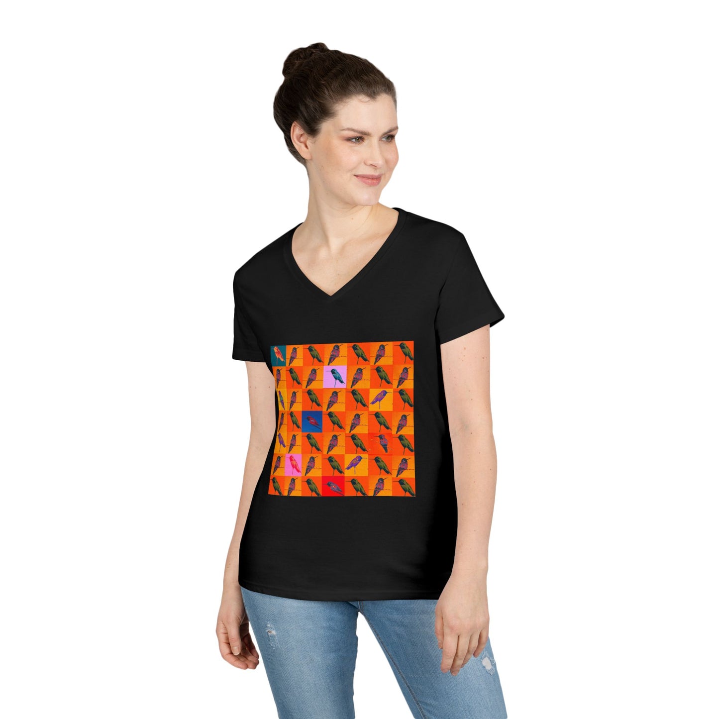 Ladies' V-Neck T-Shirt - Hummingbird Collage