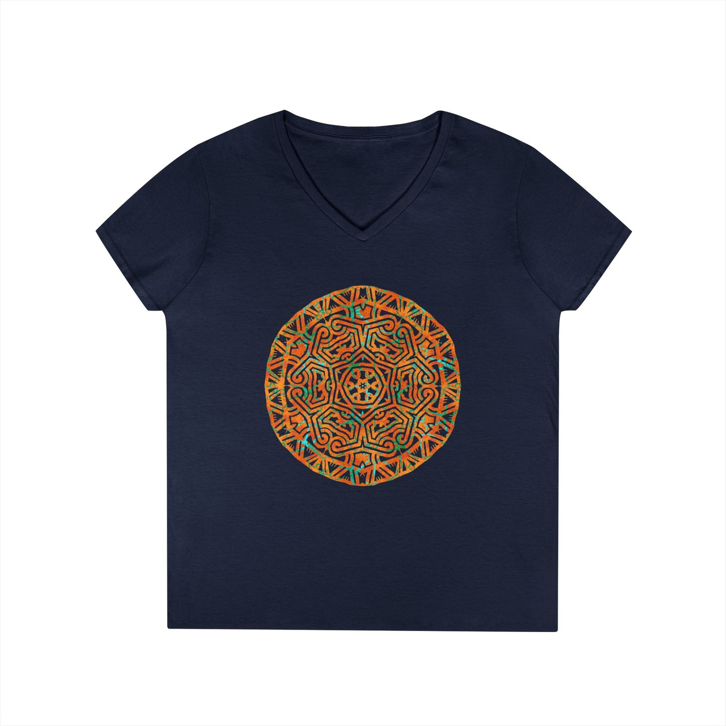 Ladies' V-Neck T-Shirt _ Cracked Batik Mandala