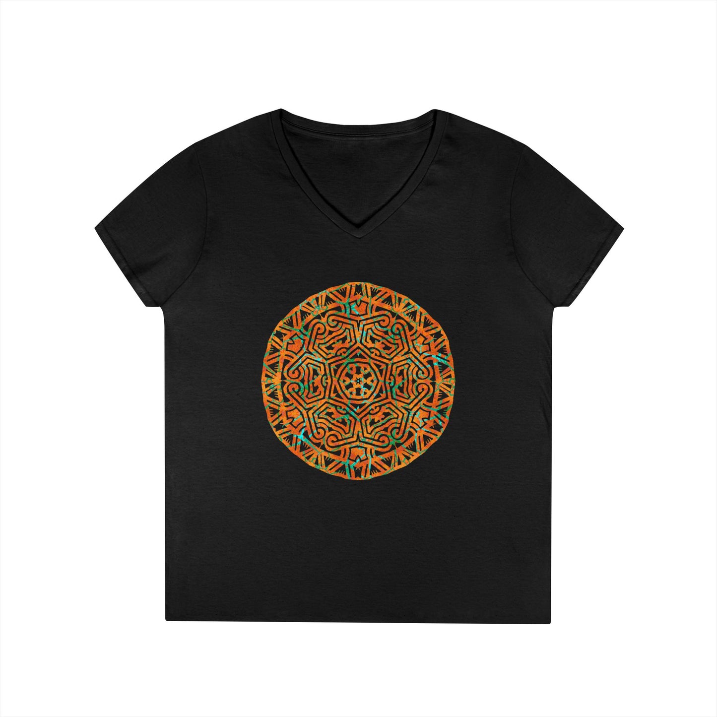 Ladies' V-Neck T-Shirt _ Cracked Batik Mandala