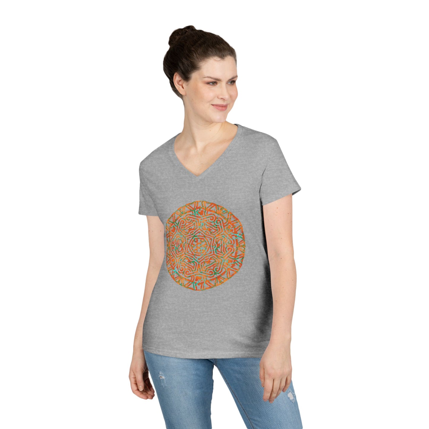 Ladies' V-Neck T-Shirt _ Cracked Batik Mandala
